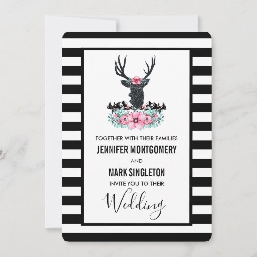 黒い鹿の頭と花模様と山結婚の 招待状 (正面)