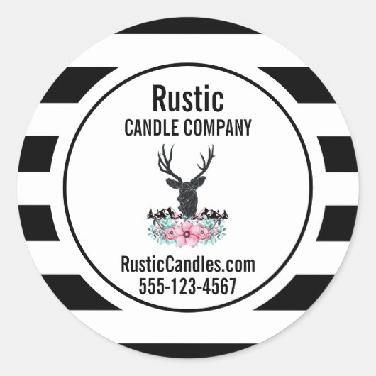 黒い鹿の頭花と山のビジネス ラウンドシール (正面)