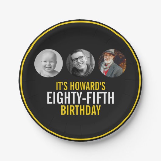 黒い黄白の3枚の写真85歳の誕生日 ペーパープレート (正面)