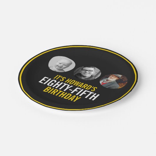 黒い黄白の3枚の写真85歳の誕生日 ペーパープレート (アングル)