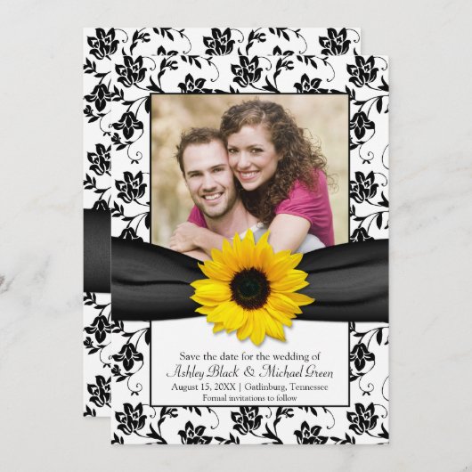 黒い黄色のフローラダマスクサンフラワー日付を保存 セーブザデート (正面/裏面)