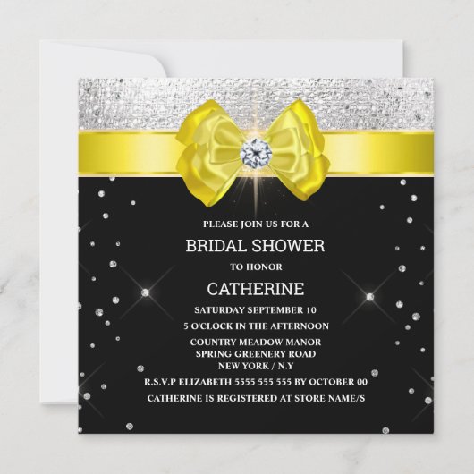 黒い黄色の弓エレガントの銀の輝く招待状 招待状 (正面)