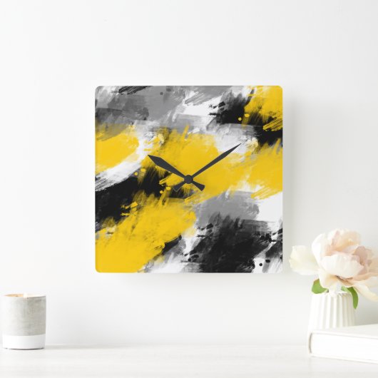 黒い黄色の白いモダン抽象芸術 スクエア壁時計 (ホーム)
