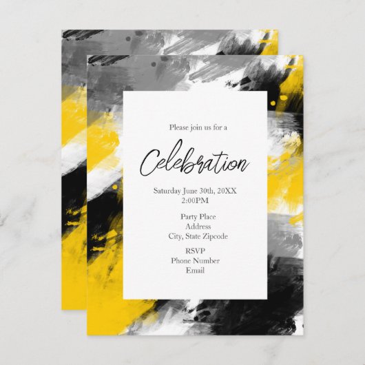 黒い黄色の白いモダン抽象芸術 招待状 (正面/裏面)