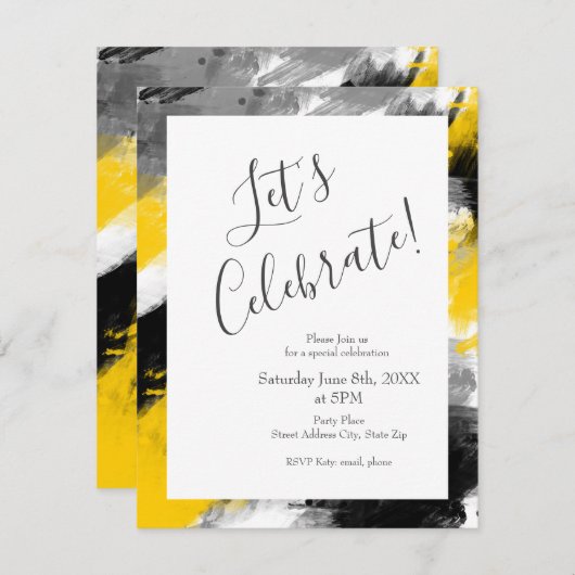 黒い黄色の白いモダン抽象芸術 招待状 (正面/裏面)