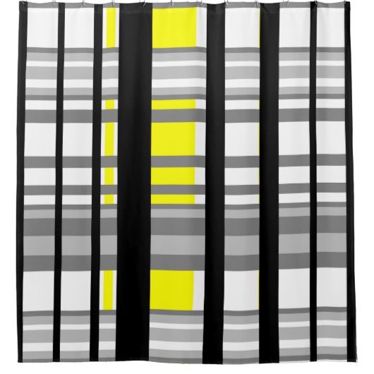 黒い黄色の白と灰色のストライプ シャワーカーテン (正面)