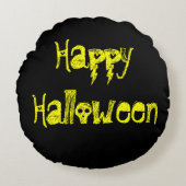 黒い黄色の紫のスカル猫の月ハロウィーン ラウンドクッション (正面)