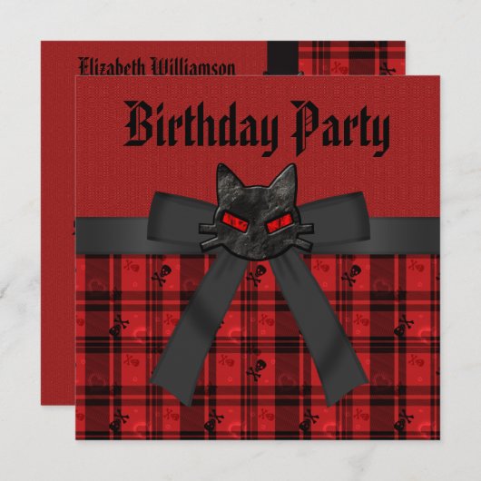 黒い黒い子猫及びスカル及び赤い格子縞の誕生日 招待状 (正面/裏面)