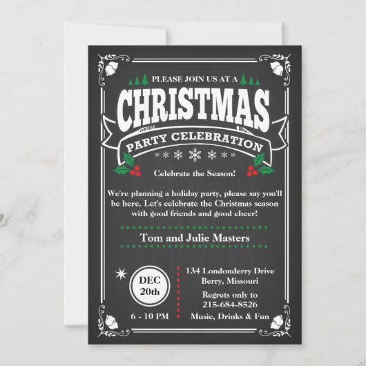 黒い黒エレガント板のクリスマスパーティー 招待状 (正面)
