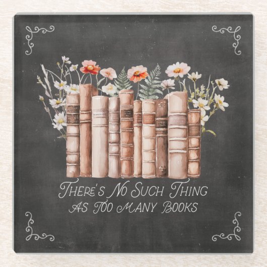 黒い黒板に花と引用文が咲く本 ガラスコースター (正面)