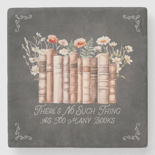 黒い黒板に花と引用文が咲く本 ストーンコースター (正面)