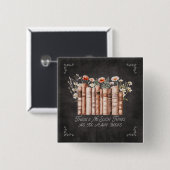 黒い黒板に花と引用文が咲く本 缶バッジ (正面&裏面)