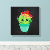 黒い黒板のソンブレロのかわいいサボテン キャンバスプリント (インサイチュ (ウッドフロア))