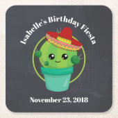 黒い黒板のソンブレロのかわいいサボテン スクエアペーパーコースター (正面)