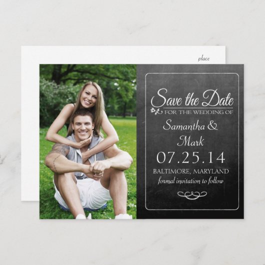 黒い黒板の写真の日付を保存 案内ポストカード (正面/裏面)