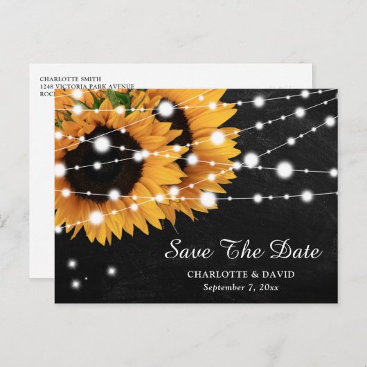 黒い黒板ひまわり結婚式の日付を保存 案内ポストカード (正面/裏面)