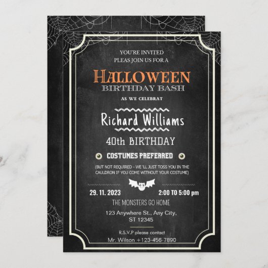 黒い黒板ハロウィーン誕生日衣装パーティー 招待状 (正面/裏面)