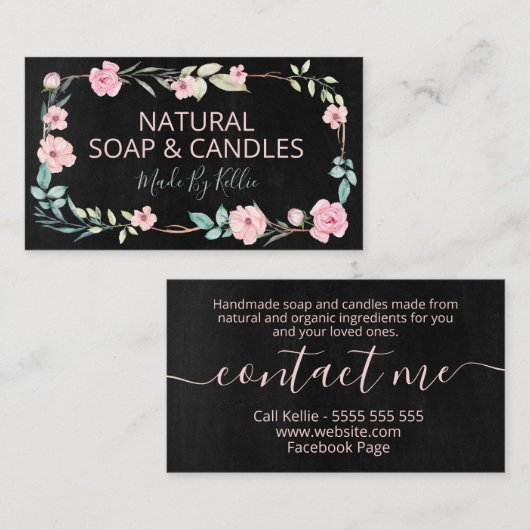 黒い黒板リース手作り石けんとろうそく 名刺 (正面/裏面)