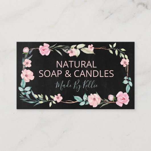 黒い黒板リース手作り石けんとろうそく 名刺 (正面)