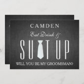 黒い黒板Suitup私の花婿の付添人です 招待状 (正面/裏面)