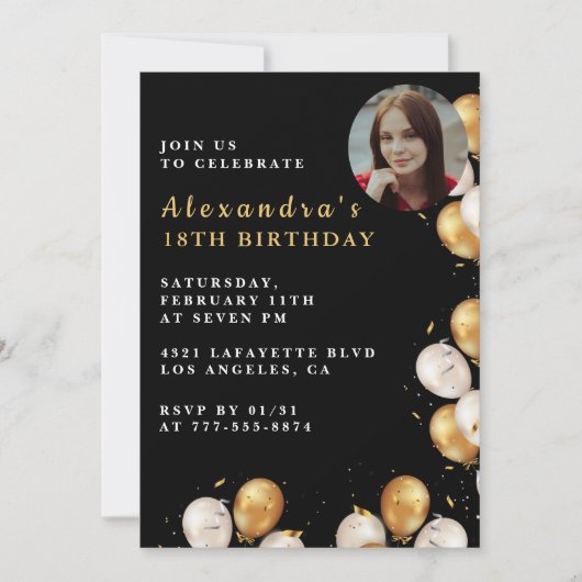 黒い18th誕生日の招待金ゴールドバルーンフォト 招待状 (正面)