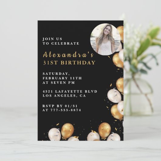 黒い31歳の誕生日の招待金ゴールドバルーンフォト 招待状 (スタンド正面)