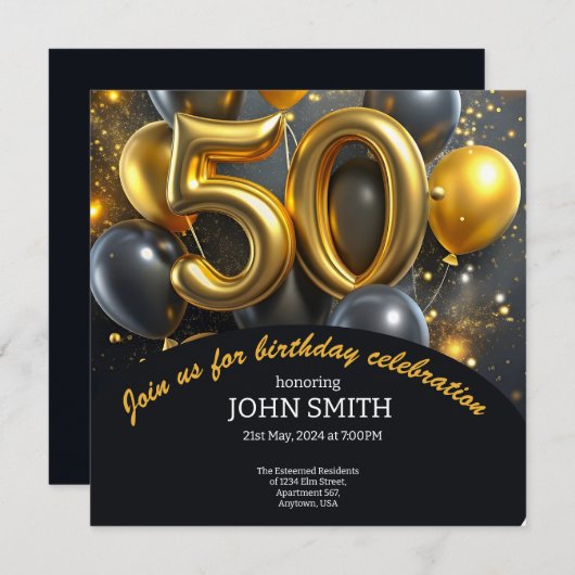 黒い50歳の誕生日の黄金の気球がキラキラ輝く セーブザデート (正面/裏面)