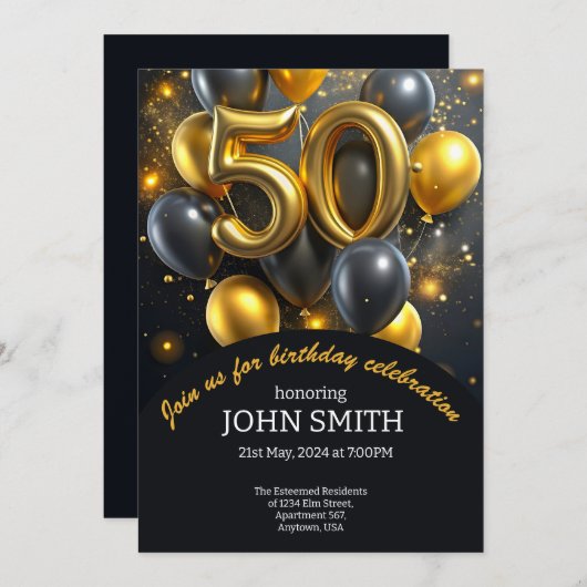 黒い50歳の誕生日の黄金の気球がキラキラ輝く 招待状 (正面/裏面)