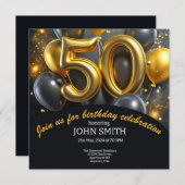 黒い50歳の誕生日の黄金の気球がキラキラ輝く 招待状 (正面/裏面)