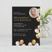 黒い60th誕生日の招待金ゴールドバルーンフォト 招待状 (スタンド正面)