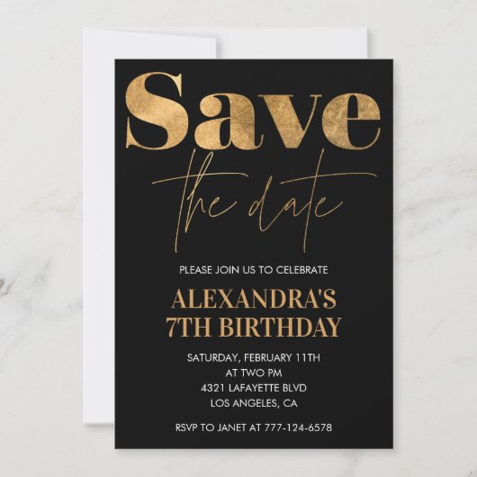 黒い7th誕生日招待状日付金ゴールドを保存 招待状 (正面)
