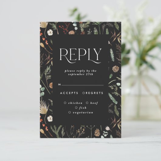 黒い ムーディーな 花 ボタニカル エレガント ウェディング 返信 招待状 (スタンド正面)