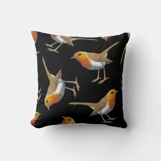 黒い、元の芸術、鳥の英国のロビンパターン クッション (正面)