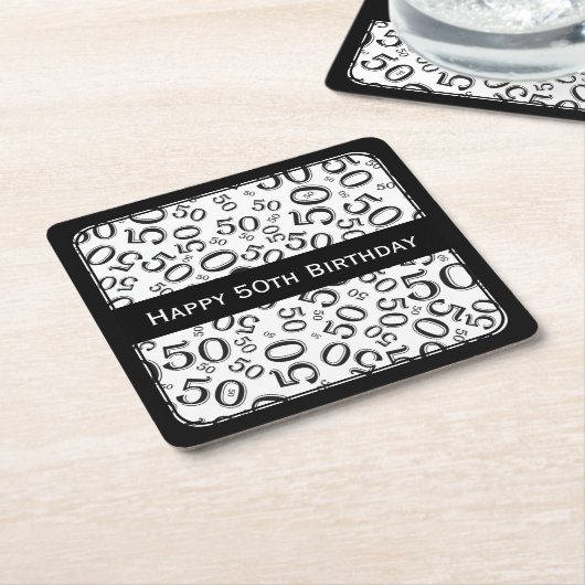黒い"幸せな第50誕生日"かスクエア白いパーティーのテーマ スクエアペーパーコースター (アングル)
