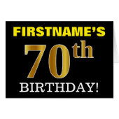 黒い、模造金ゴールドの"第70誕生日"カード (正面横)