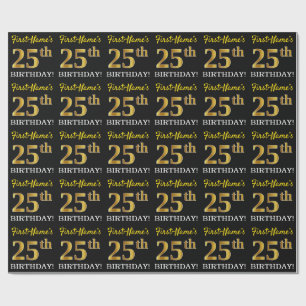 黒い、模造金ゴールド"第25誕生日" ラッピングペーパー