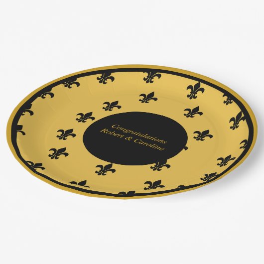 黒い（紋章の）フラ・ダ・リの金ゴールド背景 ペーパープレート (アングル)