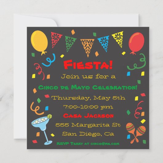黒いCinco Deメーヨーのフェスタのパーティの招待状 招待状 (裏面)