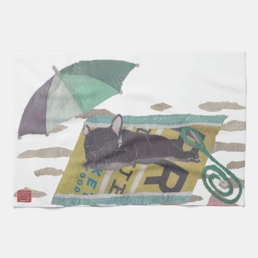 黒いFrenchieのフレンチ・ブルドッグ、ポップ・アートのな犬の芸術 キッチンタオル (横)