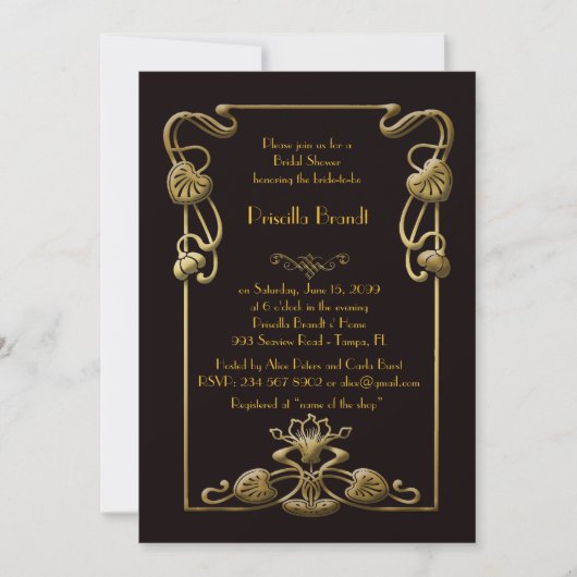 、黒いGatsbyの素晴らしいスタイル名誉を与えるブライダルシャワー 招待状 (正面)
