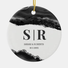 黒いGeode Agateカップルのモノグラムのクリスマス セラミックオーナメント