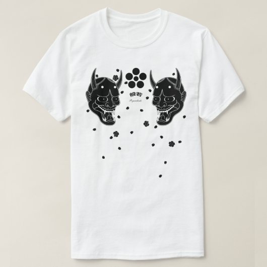 黒いHannyaおよび桜 Tシャツ (デザイン正面)