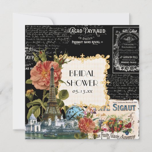 黒いnのクリーム色のヴィンテージのエッフェル塔のカップルのシャワー 招待状 (裏面)