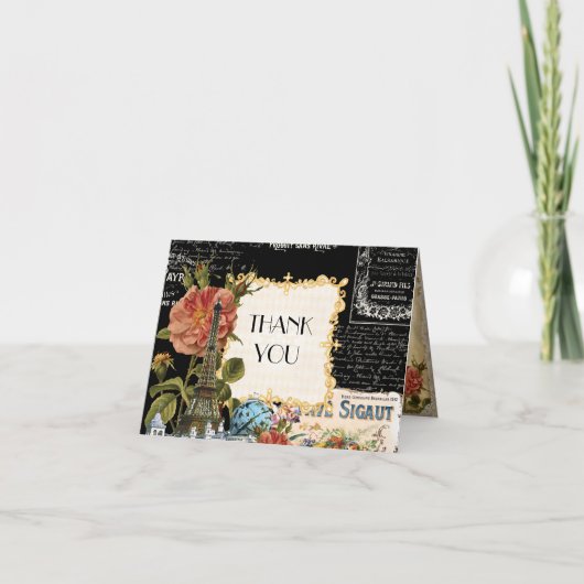 黒いnのクリーム色のヴィンテージのエッフェル塔はノート感謝していしています サンキューカード (正面)