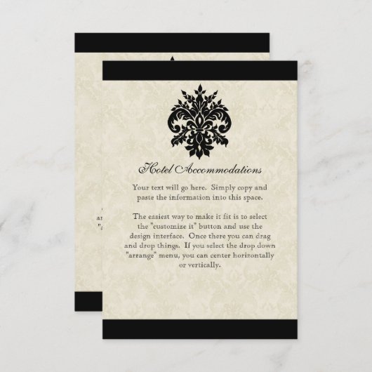 黒いnのクリーム色の(紋章の)フラ・ダ・リのダマスク織の結婚式 エンクロージャーカード (正面/裏面)
