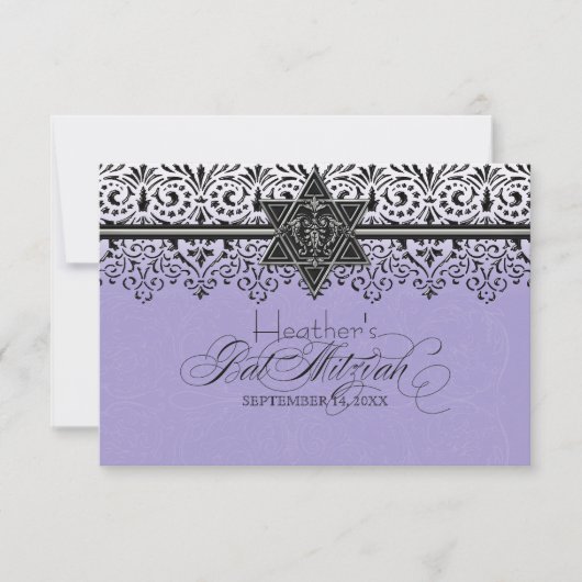 黒いnの白いレースの一見の銀バルミツワーRSVP 出欠カード (正面)