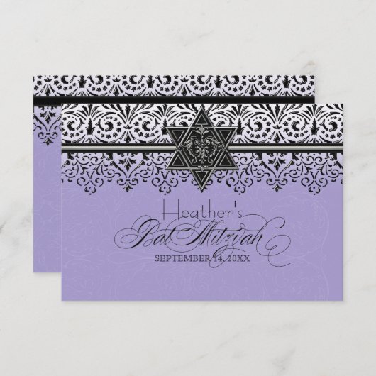 黒いnの白いレースの一見の銀バルミツワーRSVP 出欠カード (正面/裏面)