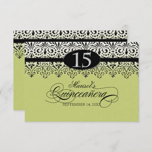 黒いnの白いレースの一見の銀第15キンセアニェラ 招待状 (正面/裏面)