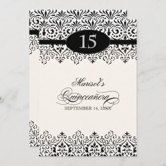黒いnの白いレースの一見の銀第15キンセアニェラ 招待状 (正面/裏面)