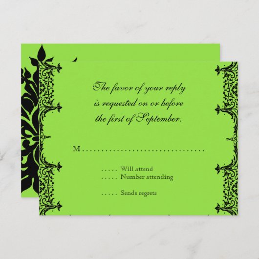 黒いnの白い(紋章の)フラ・ダ・リのダマスク織の結婚式 出欠カード (正面/裏面)